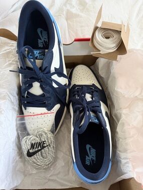 Nike Air Jordan 1 Low-Top Sneakers in White, Navy & Light Blue